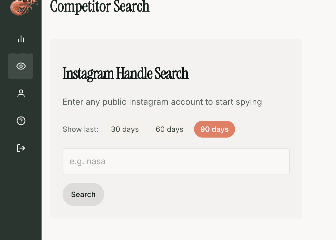 SpyShrimp competitor search results showing top reels and posts for a public Instagram account